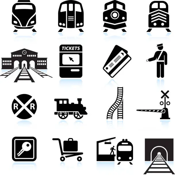 Vector illustration of Railroad Station and Service black & white icon set