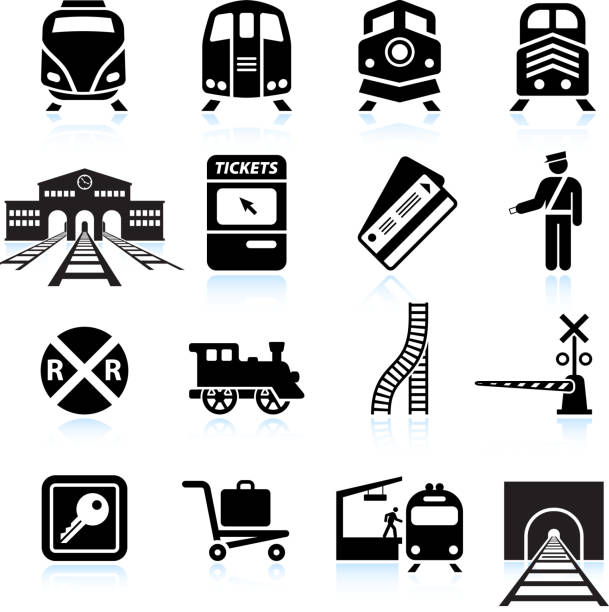 railroad station and service black & white icon set - 車站 幅插畫檔、美工圖案、卡通及圖標