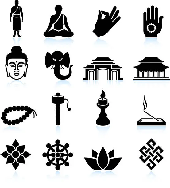 Vector illustration of Buddhism black & white royalty free vector icon set