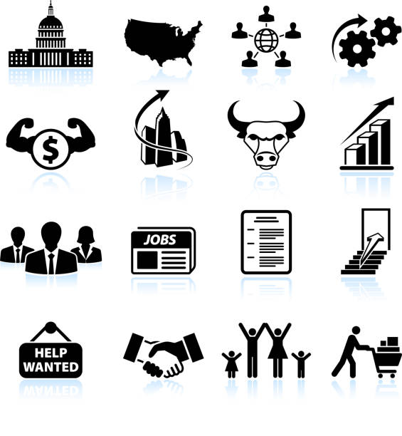 illustrazioni stock, clip art, cartoni animati e icone di tendenza di il risanamento economico in america nero & bianco icona vettoriale impostato - symbol human muscle strength computer icon