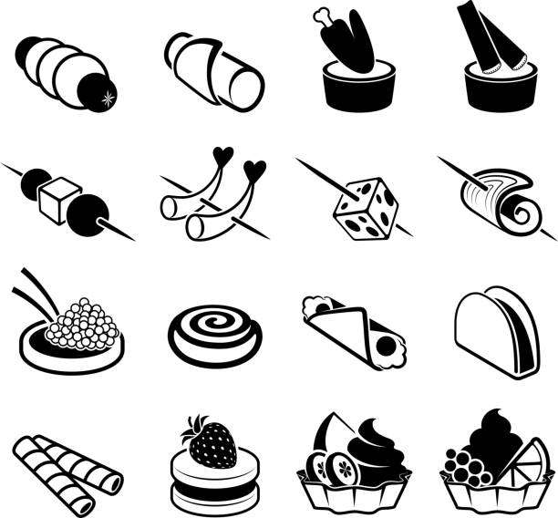 ilustrações, clipart, desenhos animados e ícones de aperitivos preto e branco royalty free vector conjunto de ícones - hors d oeuvre