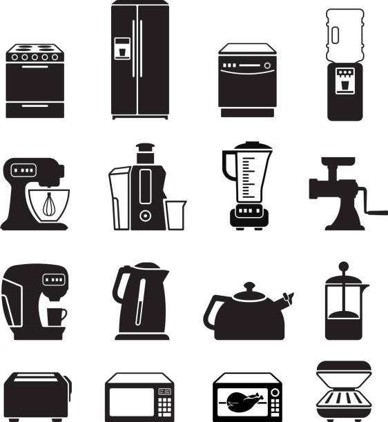 кухня приборов черный & белый векторный икона set роялти-фри - water cooler illustrations stock illustrations