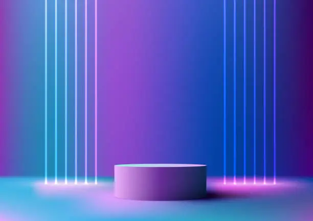 Vector illustration of 3D Purple Neon Podium Stand Mockup