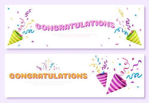 Congratulations banner greeting card festive colorful flat. Postcard celebration letter party popper success poster confetti party holiday decoration surprise colorful background winner isolated