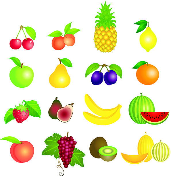 ilustrações de stock, clip art, desenhos animados e ícones de frutas conjunto de ícones - fig apple portion fruit