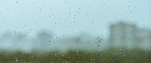 istock Atmospheric minimal backdrop with rain droplets on glass. Wet window with rainy drops and dirt spots closeup. Blurry buildings and green trees under blue sky against dirty window glass with raindrops. 1566097777