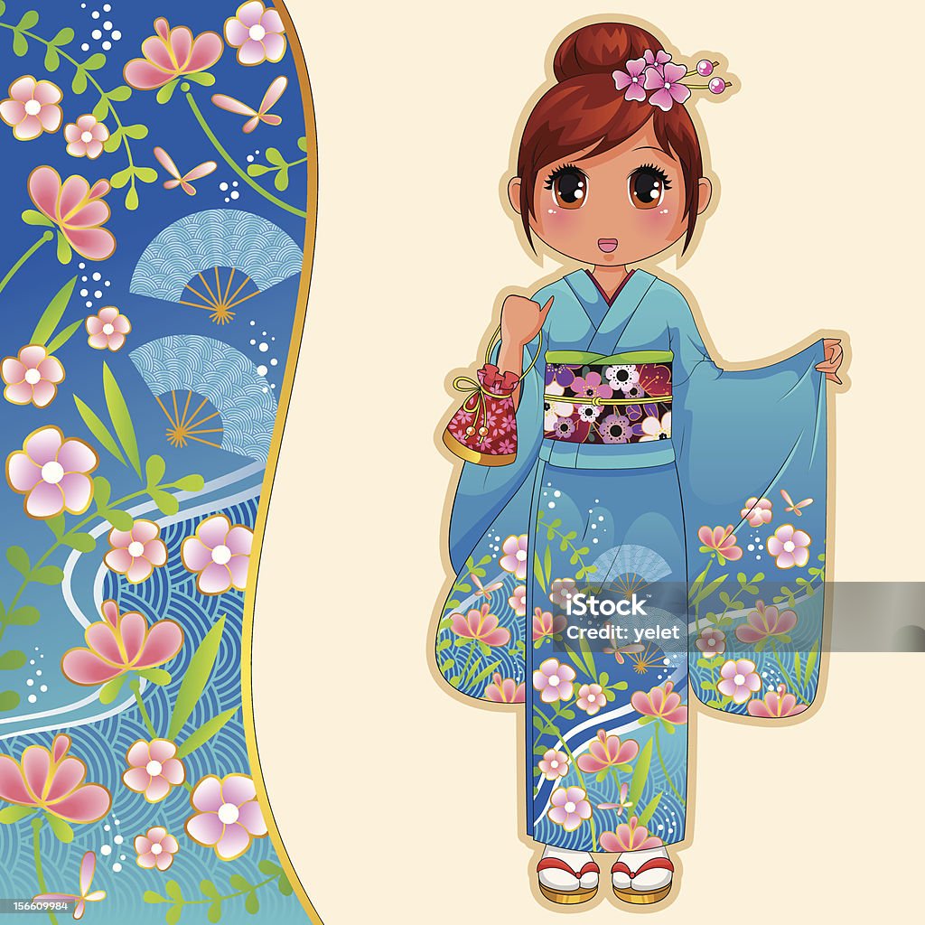 kimono girl manga girl in kimono standing next to a patterned banner Adult stock vector