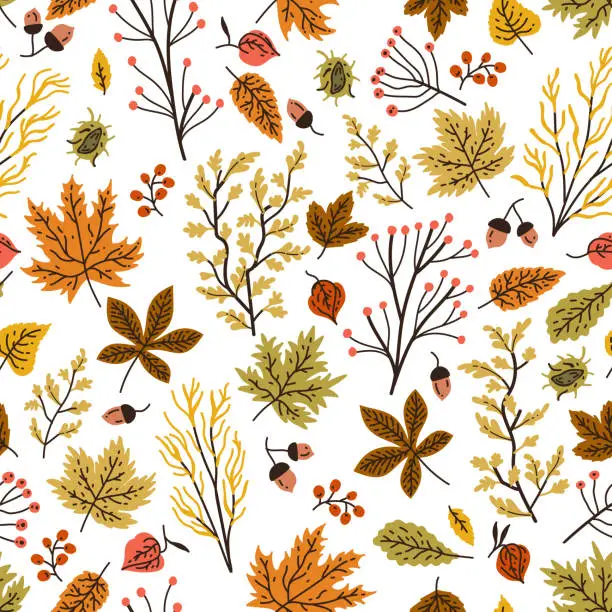 Vector illustration of Autumn seamless pattern with different leaves and plants, seasonal colors