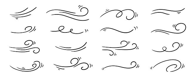 Doodle wind line sketch set. Hand drawn doodle wind motion, air blow, swirl elements. Sketch drawn air blow motion, smoke flow art, abstract line. Isolated vector illustration.