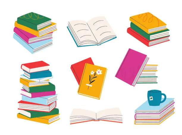 Vector illustration of Stack of books. Various notebooks, pile of books, materials for reading and education.