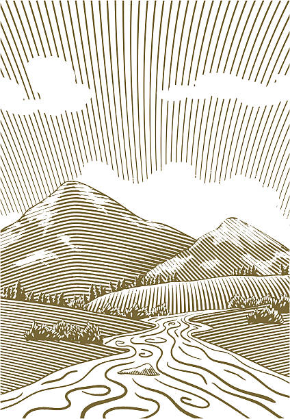 Woodcut Mountain Stream vector art illustration