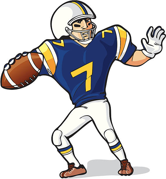 Quarterback Football Player Vector illustration of a quarterback football player in a blue jersey, throwing a football. offensive line stock illustrations