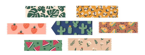 Vector illustration of Vibrant Decorative Tape Collection, Colorful And Patterned Adhesive Stripes with Monstera, Cacti, Strawberry, Watermelon