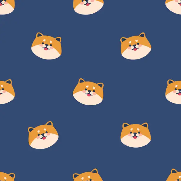 Vector illustration of Seamless Pattern Features Adorable Shiba Inu Dog With Tan And White Fur, Pointy Ears, Dark Eyes, And Big Black Nose