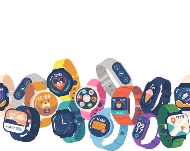 Vector illustration of Smart Watches Seamless Pattern, Stylish Horizontal Border, Frame Or Wallpaper Design Showcasing Array Of Smart Gadgets