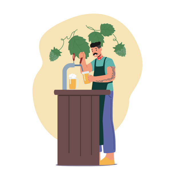 トレンディなバーテンダーの男性キャラクターは、タップシステムを使用してビールを注意深く注ぎ、完璧な量の泡を確保します - drink alcohol backgrounds pouring点のイラスト素材／クリップアート素材／マンガ素材／アイコン素材
