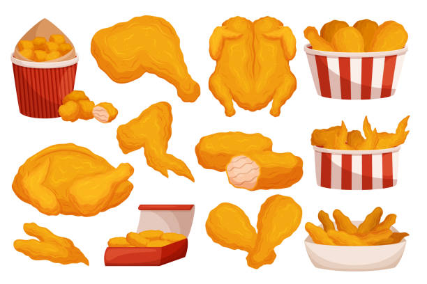 ilustrações, clipart, desenhos animados e ícones de deliciosas, crispy fried chicken legs, asas, nuggets ou baquetas. escolha popular de fast food para refeições satisfatórias - take out food white background isolated on white american cuisine