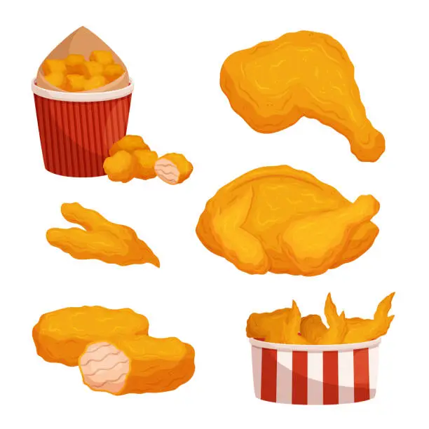 Vector illustration of Delicious Fried Fast Food Chicken Meals Served With Crispy, Golden Fries, Packed in Carton Buckets, Vector Illustration