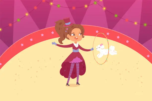 Vector illustration of Circus trick, performer tamer girl and trained dog vector illustration. Cartoon child animal trainer character standing, talent cute poodle jumping through ring on circus stage with curtain