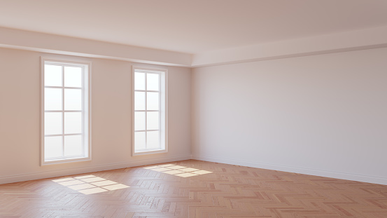 Room with White Walls, Two Windows, White Ceiling and Cornice, Glossy Herringbone Parquet Flooring and a White Plinth. Beautiful Interior Concept. 3D illustration, 8K Ultra HD, 7680x4320, 300 dpi