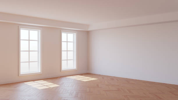 Room with White Walls, Two Windows, White Ceiling and Cornice Room with White Walls, Two Windows, White Ceiling and Cornice, Glossy Herringbone Parquet Flooring and a White Plinth. Beautiful Interior Concept. 3D illustration, 8K Ultra HD, 7680x4320, 300 dpi parquet floor perspective stock pictures, royalty-free photos & images