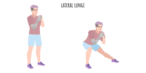 Man with a prosthetic hand doing lateral lunge exercise. Inclusive workout for people with disabilities. Sport, wellness, workout, fitness. Flat vector illustration