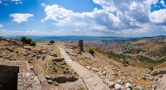 Panoramic view to the ruins of Pergamon acropolis. Pergamon was a rich and powerful ancient Greek city in Mysia.
