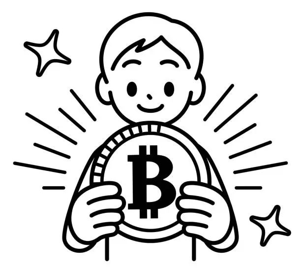 Vector illustration of A boy holding a big coin money, looking at the viewer, minimalist style, black and white outline