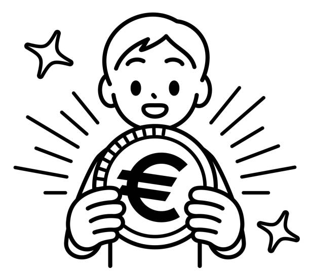 illustrazioni stock, clip art, cartoni animati e icone di tendenza di un ragazzo che tiene in mano una grossa moneta, guardando lo spettatore, stile minimalista, contorno in bianco e nero - european union coin european union currency coin front view