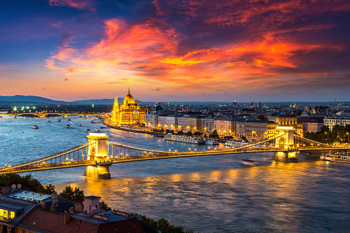 Panoramic view of Budapest and Parliament Building in Hungary in a beautiful summer night