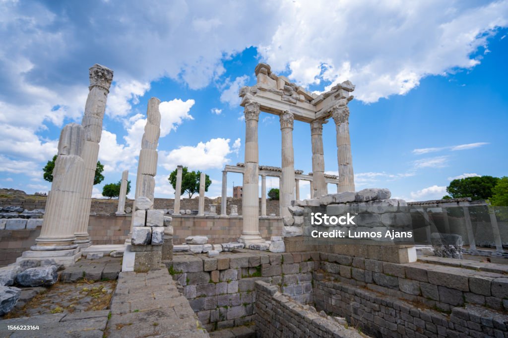 Ruins of the Temple of Trajan the ancient site of Pergamum. Pergamon was a rich and powerful ancient Greek city in Mysia. Old Ruin Stock Photo