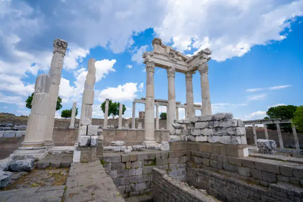 Photo of Ruins of the Temple of Trajan the ancient site of Pergamum. Pergamon was a rich and powerful ancient Greek city in Mysia.