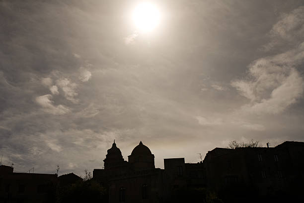 skyline black silhouette of old town Erice, Sicily, Italy stock photo