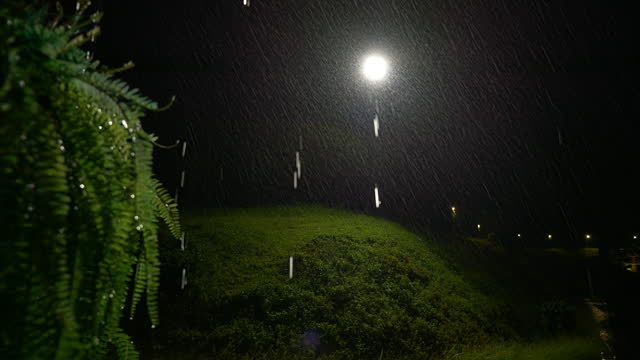Raindrops at night through decorative lanterns in the front garden.