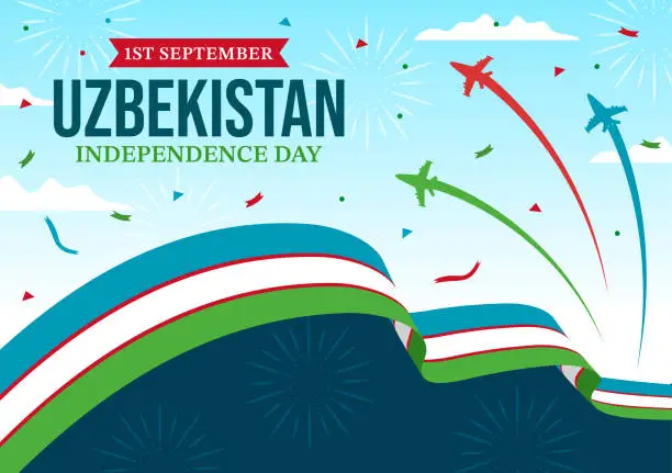 Vector illustration of Happy Uzbekistan Independence Day Vector Illustration on 1st of September with Uzbek Flag Background in National Holiday Hand Drawn Templates