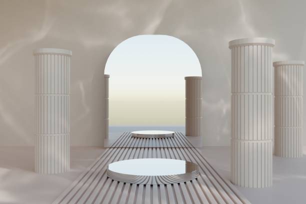 istock 3d background products display podium scene with geometric platform. background vector 3d render with podium. stand to show cosmetic product. Stage showcase on pedestal display beige studio 1566251500