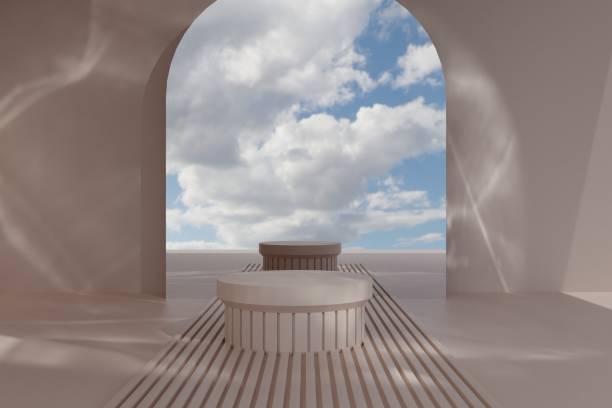 istock 3d background products display podium scene with geometric platform. background vector 3d render with podium. stand to show cosmetic product. Stage showcase on pedestal display beige studio 1566252047
