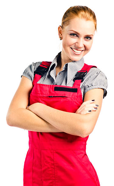 istock Young happy woman in red overalls 156625614