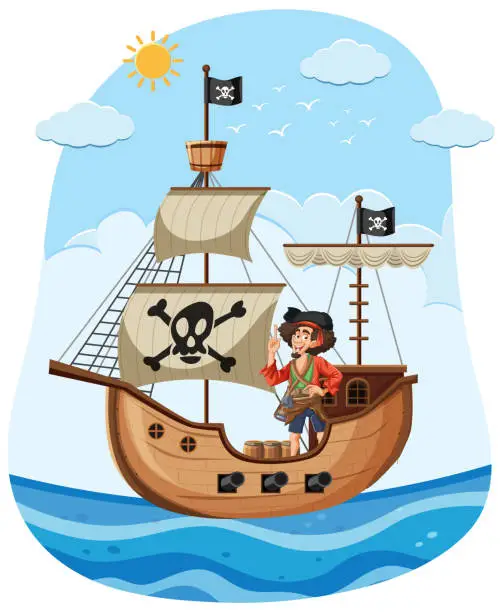 Vector illustration of Pirate sail the boat in the sea