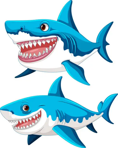 Vector illustration of A set of great white sharks with big teeth smiling and swimming, isolated on a white background