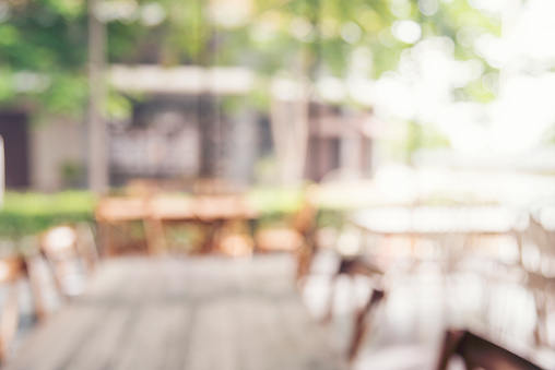 Blurred background cafe coffee shop restaurant in shopping mall with light bokeh business event retail store. Blurry background interior design bar table chair windows decorate indoor space display