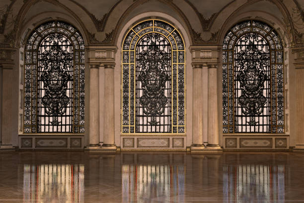 istock Vintage palace room with arched windows, 3d render. 1566295507