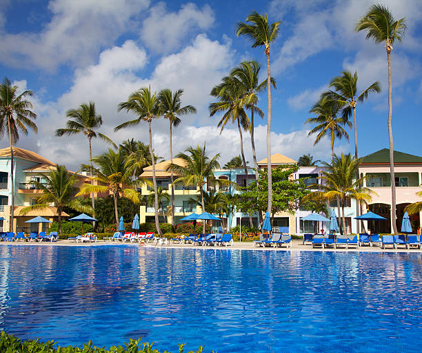 istock Tropical swimming pool and villas 156629734
