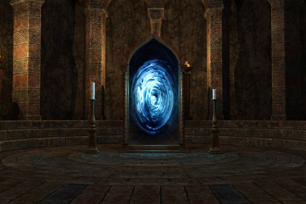istock Dark Castle Room with mirror portal, 3d render. 1566310713