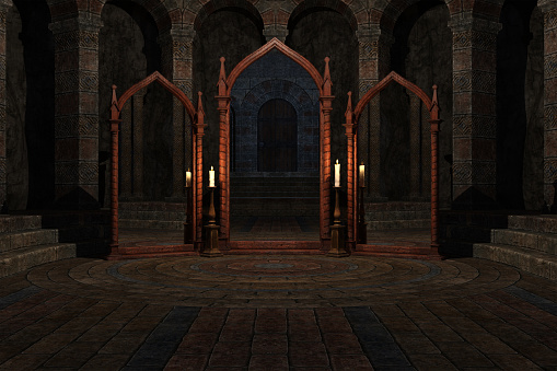 Dark Castle Room with Mirrors, 3d render.