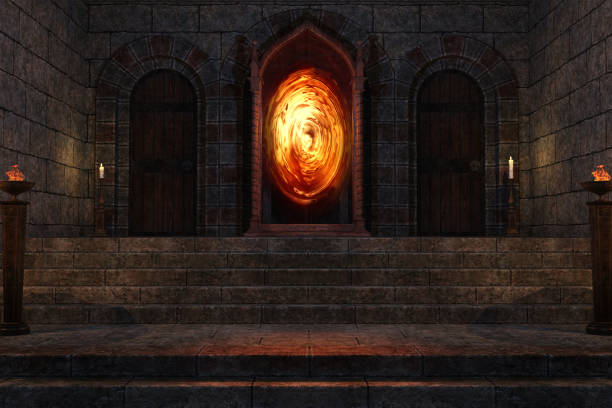 istock Dark Castle Room with mirror portal, 3d render. 1566311223