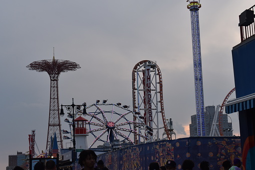 Brooklyn, New York City, USA - May 22, 2022 - Rides at the amusement park in Luna Park, Coney Island.