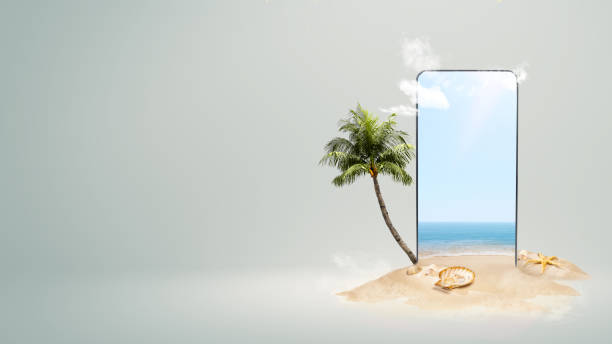 istock Mobile phone screen with shells on the sandy beach 1566343762