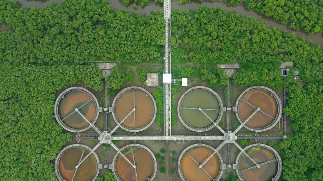 Aerial top view sewage treatment plant in mangrove forest for waste water management for environment conservation concept.
