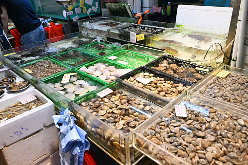 Seafood stall at tusen wan market, Hong Kong